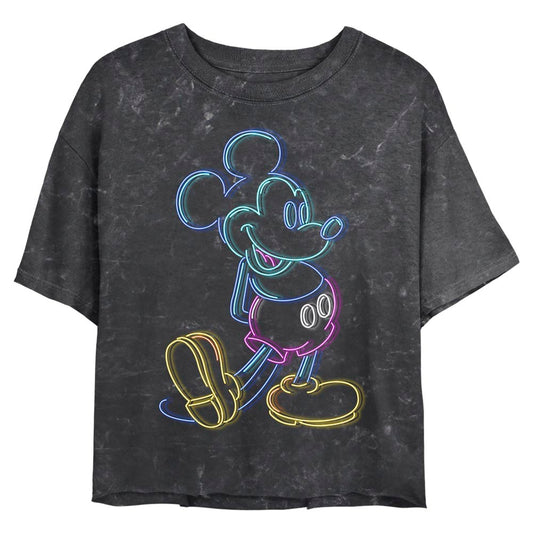 Junior's Disney Neon Mickey Mineral Wash Crop Top