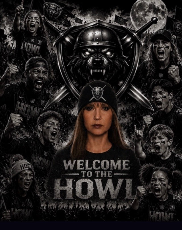 A black-and-white song promotional graphic featuring a woman in the center wearing a black beanie and a black graphic T-shirt that reads 'WELCOME TO THE HOWL.' Surrounding her are multiple cheering fans, a large wolf head in a helmet, crossed swords, a moon, and the word 'HOWL' repeated throughout.